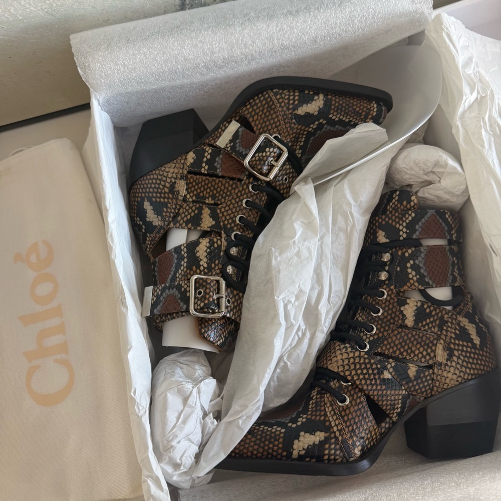 Chloe Brown Snake Print Cut Out Boots - Picture 7 of 9